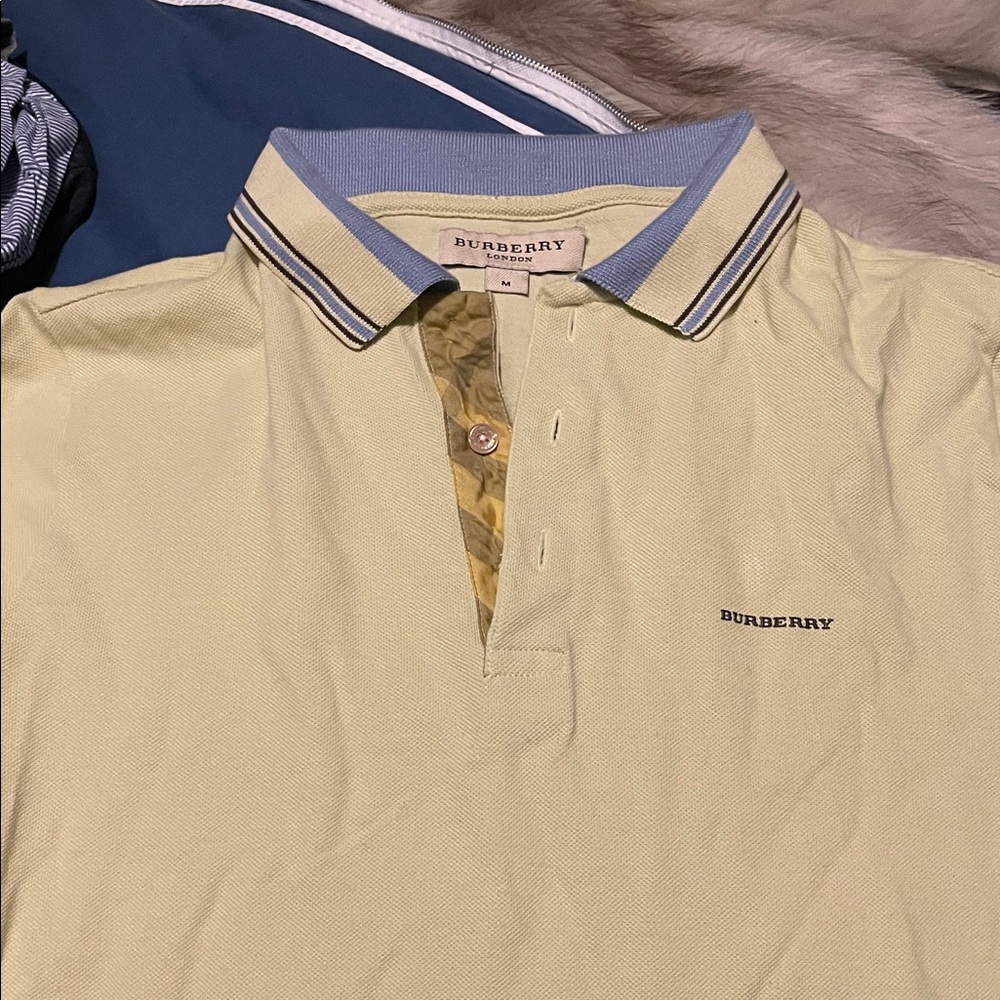 Burberry Men's Light Yellow Polo with Blue Accents